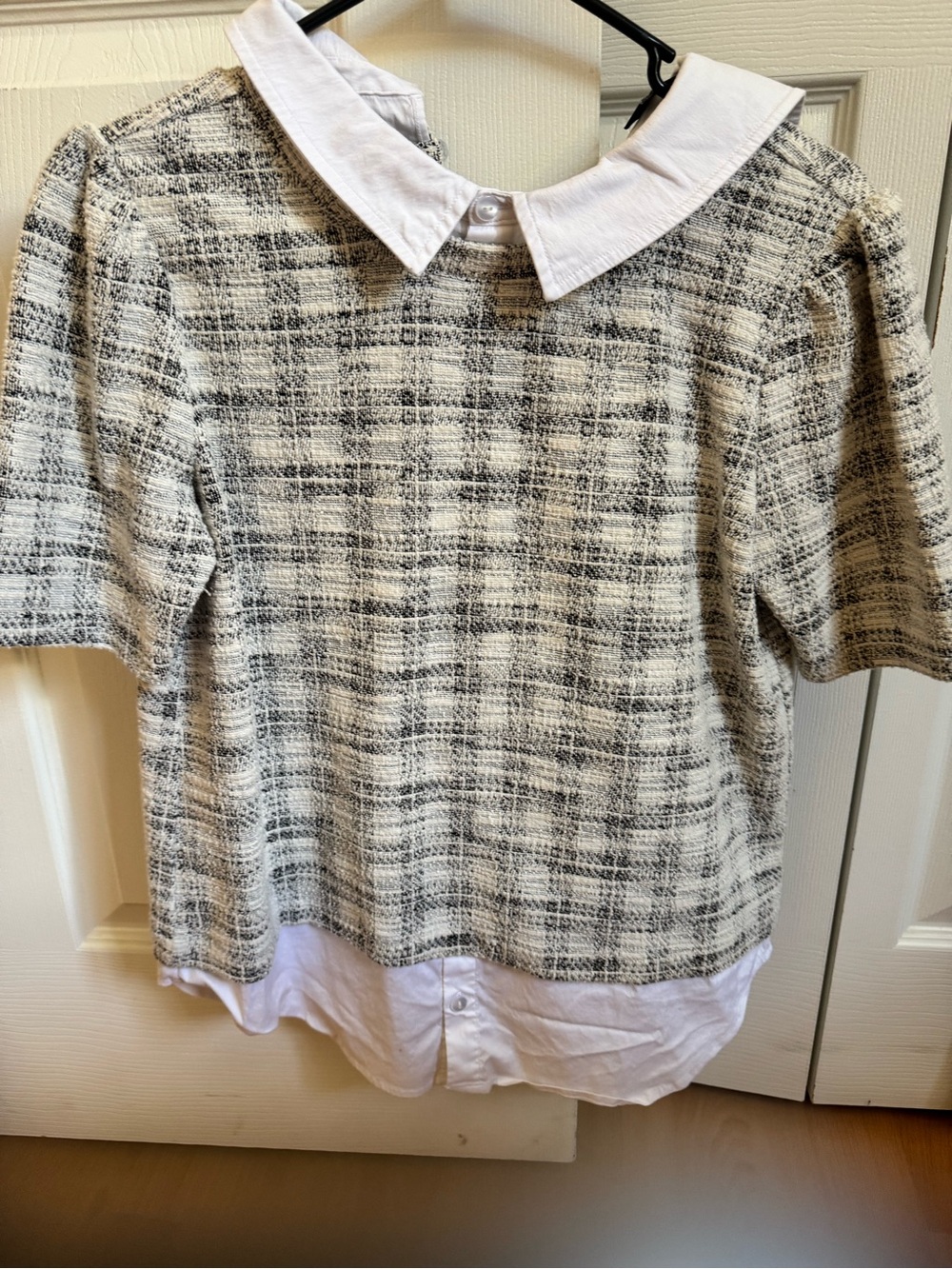 Ann Taylor Factory Neutral Plaid Tweed Short Sleeve Top with White Collar